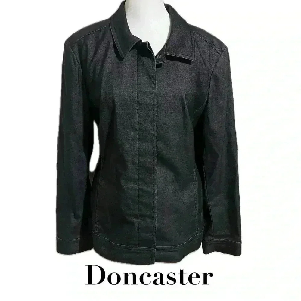 Doncaster black denim button up stretchy blazer with pockets sz 12